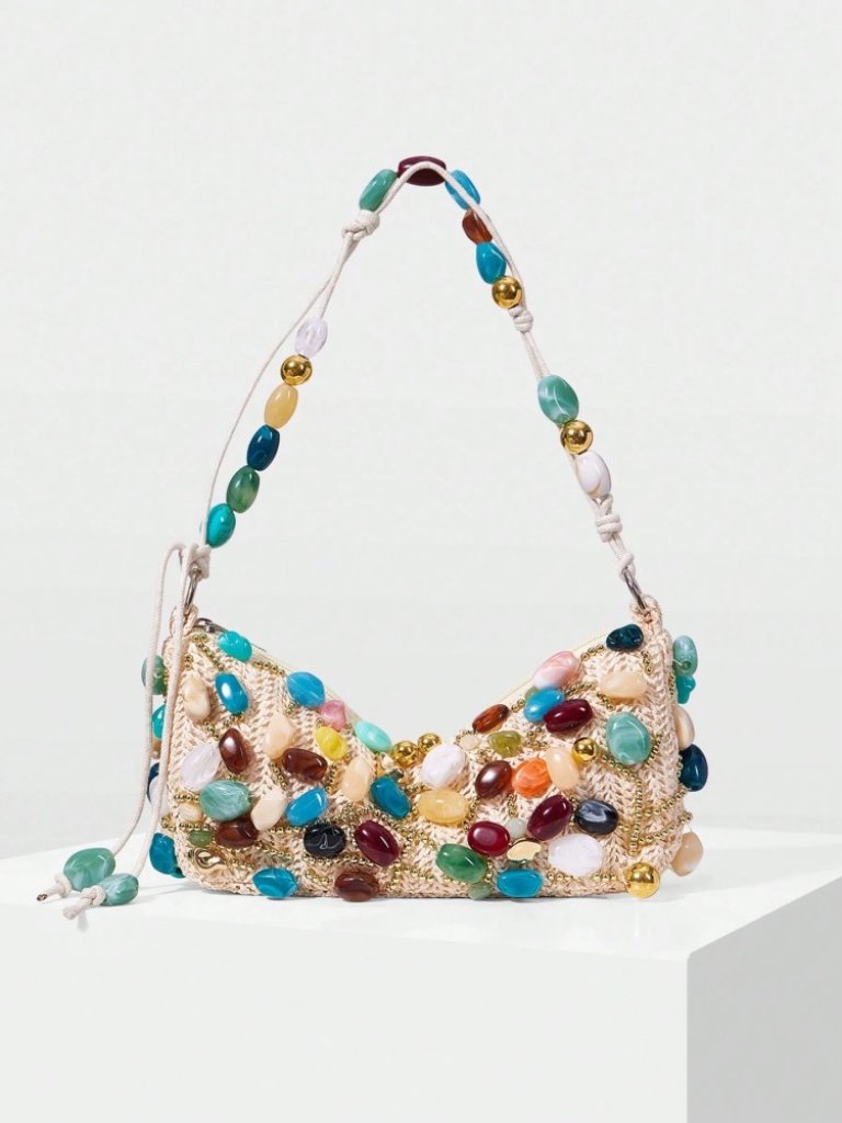 Cream Woven Beaded Stone Shoulder Bag